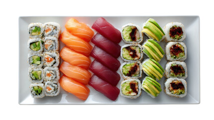 Assorted sushi rolls on a white platter, colorful and fresh, ideal for culinary presentations.