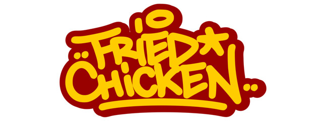 Vector graffiti tag illustration of the words "fried chicken" in bold yellow with red line accents. Hand-drawn street art lettering on transparent background. Crispy, bold, and urban food-themed. © dirtyfellas