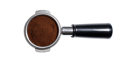 Coffee grounds in a portafilter, ready for brewing, isolated on a white background.