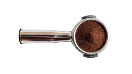 Coffee portafilter with fresh ground coffee, isolated on white background for beverage preparation.