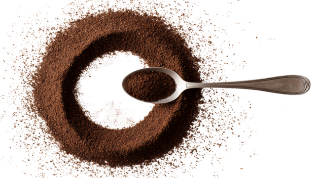 Coffee grounds arranged in a circular pattern with a spoon on an isolated white background.