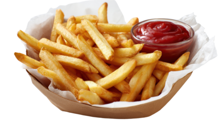 Crispy French fries served in a paper basket with a side of ketchup, perfect for snacks or meals.