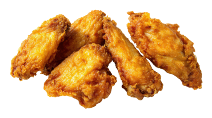 Crispy fried chicken wings on a white isolated background.