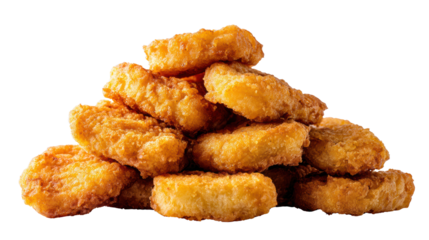 Crispy golden chicken nuggets stacked on a white background, perfect for celebrating snack time or party treats.