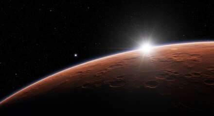 Sunrise Over Mars A Red Planet Horizon with Distant Stars