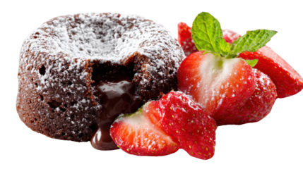 Decadent molten chocolate cake topped with fresh strawberries and mint leaves, perfect for dessert lovers.