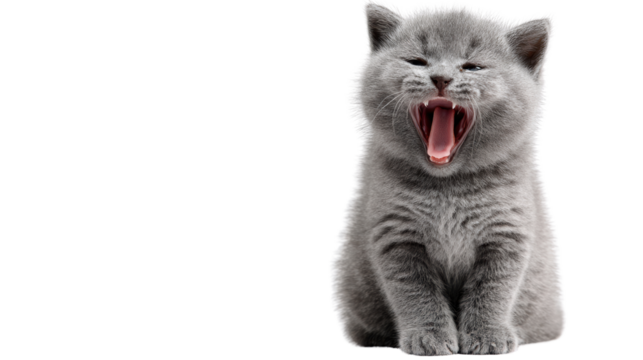 Cute grey kitten yawning, isolated on a white background for a playful pet-themed design.