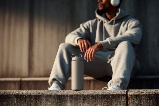 Matte gray water bottle on concrete with a man in athleisure wear. ideal for fitness, lifestyle, or hydration branding in modern urban settings.