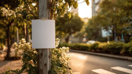 Blank paper flyer taped to a wooden pole on a city street, surrounded by greenery and warm sunset lighting. ideal for poster or event promotion previews.