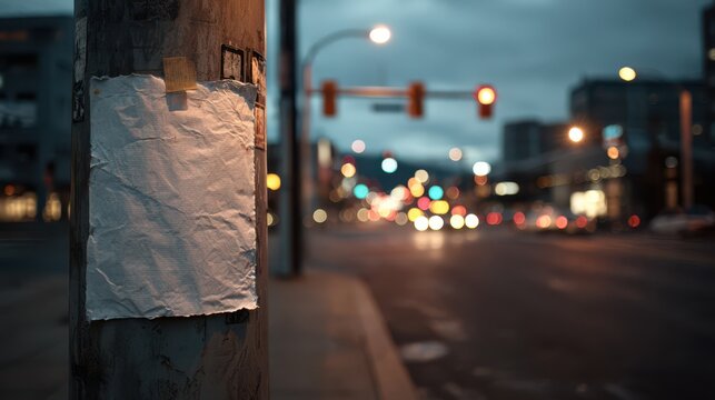 Urban night flyer mockup taped to a wooden pole on a city street at dusk, with blurred traffic lights. ideal for gritty or nightlife-themed designs. - Powered by Adobe