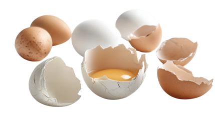 Fresh eggs in various states with cracked shells on a white isolated background.