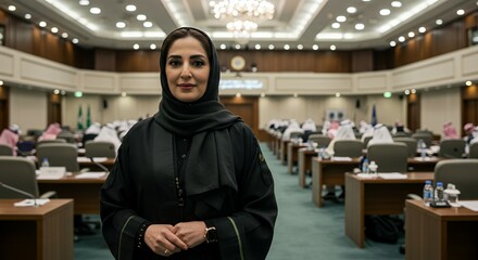 Confident Emirati Woman in Traditional Attire Stands in a Modern Conference Hall