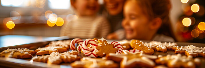Freshly baked Christmas cookies with mother and child laughing in the background