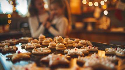 Freshly baked Christmas cookies with mother and child laughing in the background