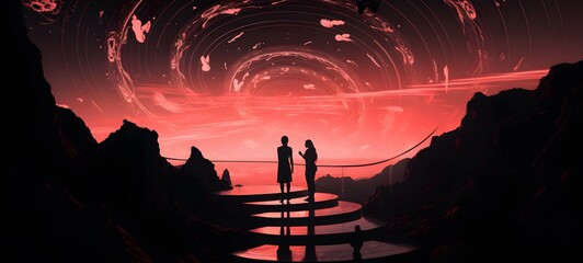 pop surreal unreal silhouettes spiral towards athena,ai generatif