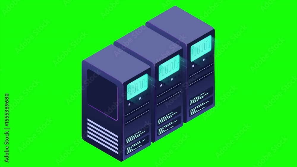 Poster isometric futuristic server animation. isometric database or data center. abstract blockchain. compu