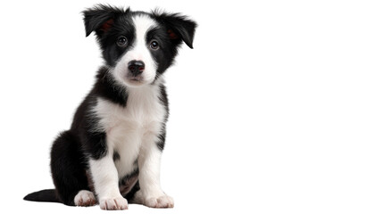 Playful border collie puppy sitting, white isolated background.
