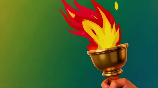 Torchbearer hand holding a golden torch with vibrant flames, symbolizing celebration, victory, and the spirit of competition on various gradient backgrounds