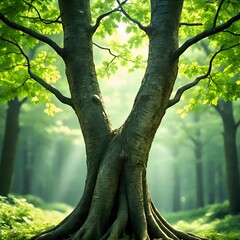 Two intertwined tree trunks growing together, symbolizing unity and family bonds, lush forest background, soft light copy space with sunlight beam