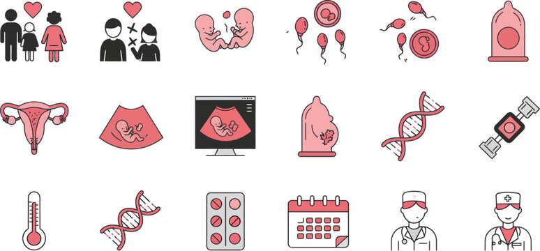 Reproductive Health & Medical Icons: Black & Pink Set