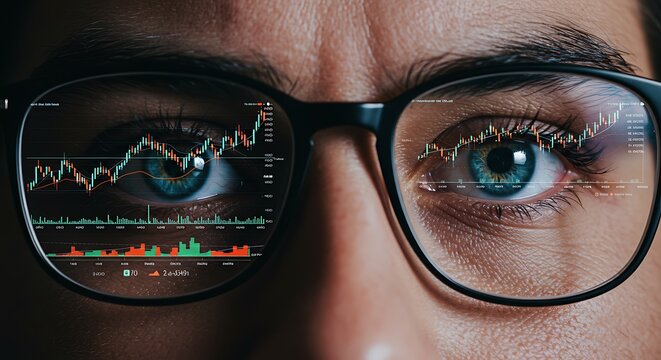 Stock market chart reflection in the glasses of a male financial analyst. (AI Generated)