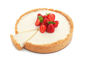 Tasty cheesecake with strawberries and mint isolated on white