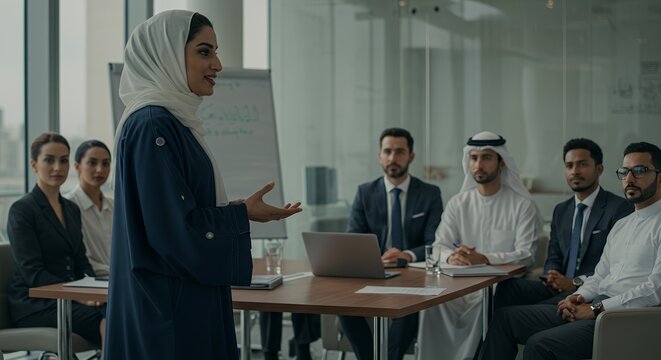 Confident Muslim businesswoman leads a diverse team meeting, showcasing modern workplace inclusivity.