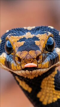 Colorful and venomous snake, with striking eyes and patterned skin.