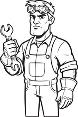 Cartoon Mechanic Character Logo – Bold Black and White Sketch