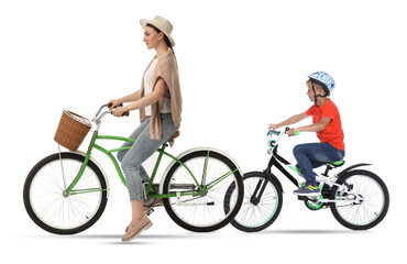 Fototapeta premium Woman and little boy riding bicycles on white background