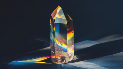 Stunning Crystal Sculpture with Reflective Surfaces and Vibrant Rainbow Light Displaying Unique Geometric Shape on Dark Background