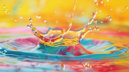 Colorful Water Splash With Vibrant Background and Beautiful Reflection in Bright Abstract Composition of Yellow and Blue Hues