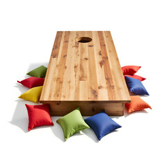 A wooden cornhole board with a weathered texture, surrounded by colorful bean bags, isolated on a white background, rustic style with warm sunlight casting gentle shadows, highly detailed