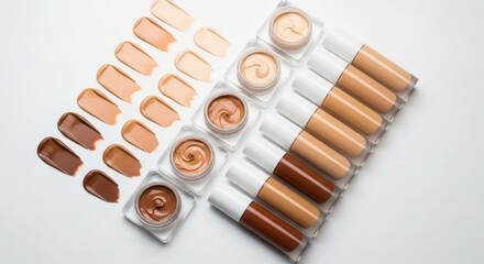 Display of foundation shades in containers and application swatches on white