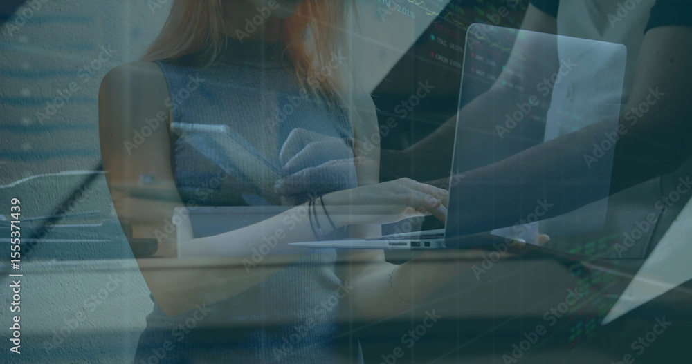 Poster female and male developers typing code on laptop at table in office workspace, with coding overlay