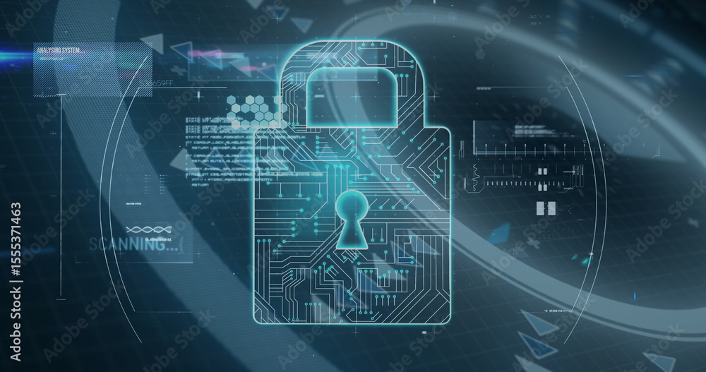Poster floating glowing teal padlock icon in virtual interface, with hexagonal motifs and scrolling code
