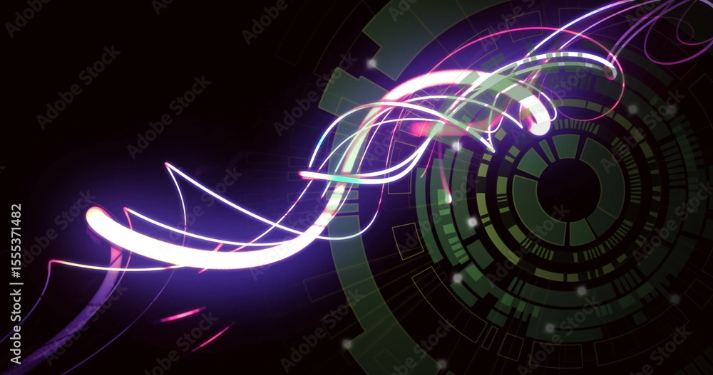 Poster swirling neon streaks sweeping to center in dark space with interface pattern and glowing particles