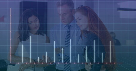 Three colleagues analyzing data in office with laptop and tablet, highlighting bar chart overlay