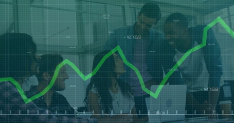 Collaborating five professionals analyzing laptop screen in conference room with line chart overlay
