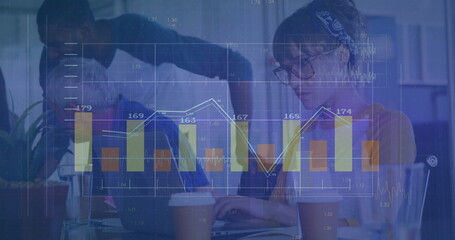 Reviewing team of five analyzing holographic financial charts in office, with laptop and coffee