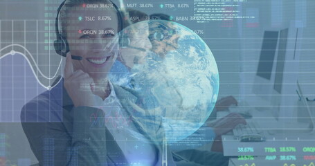 Showing team in call-center wearing headsets and business attire analyzing globe graphic overlays