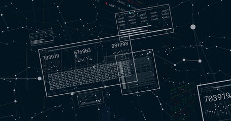 Displaying UI panel showing numeric values on keyboard layout in network space, with network nodes © vectorfusionart