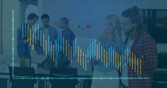Five professionals reviewing printed sheets in conference room, with sticky notes and graph overlay - Powered by Adobe