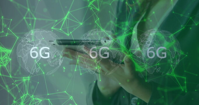 Woman's hands holding smartphone in virtual network interface, with green nodes and 6G globes