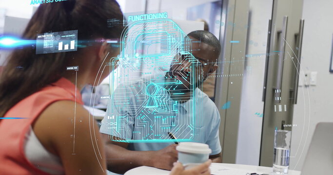 Reviewing colleagues analyzing documents and data at conference table, with holographic padlock