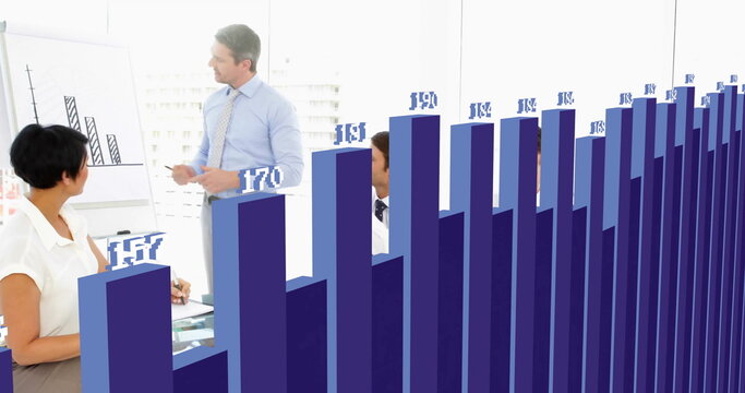Presenting mid adult man wearing tie explaining bar graph in conference room, with 3D chart overlay