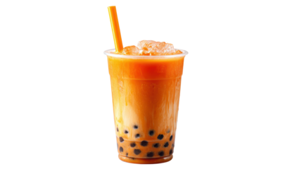 A refreshing bubble tea drink with tapioca pearls and vibrant colors against a white background.