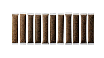 A row of chocolate bars arranged neatly on a white background.