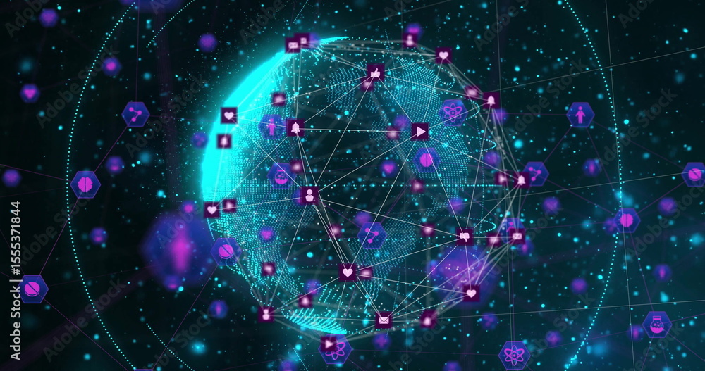 Aufkleber interconnected icons glowing over globe in digital network image design