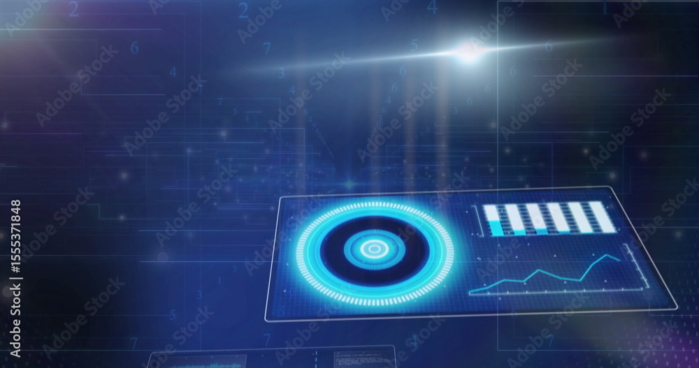 Poster floating holographic panel in interface, with gauge, bar chart, line graph and digits, copy space